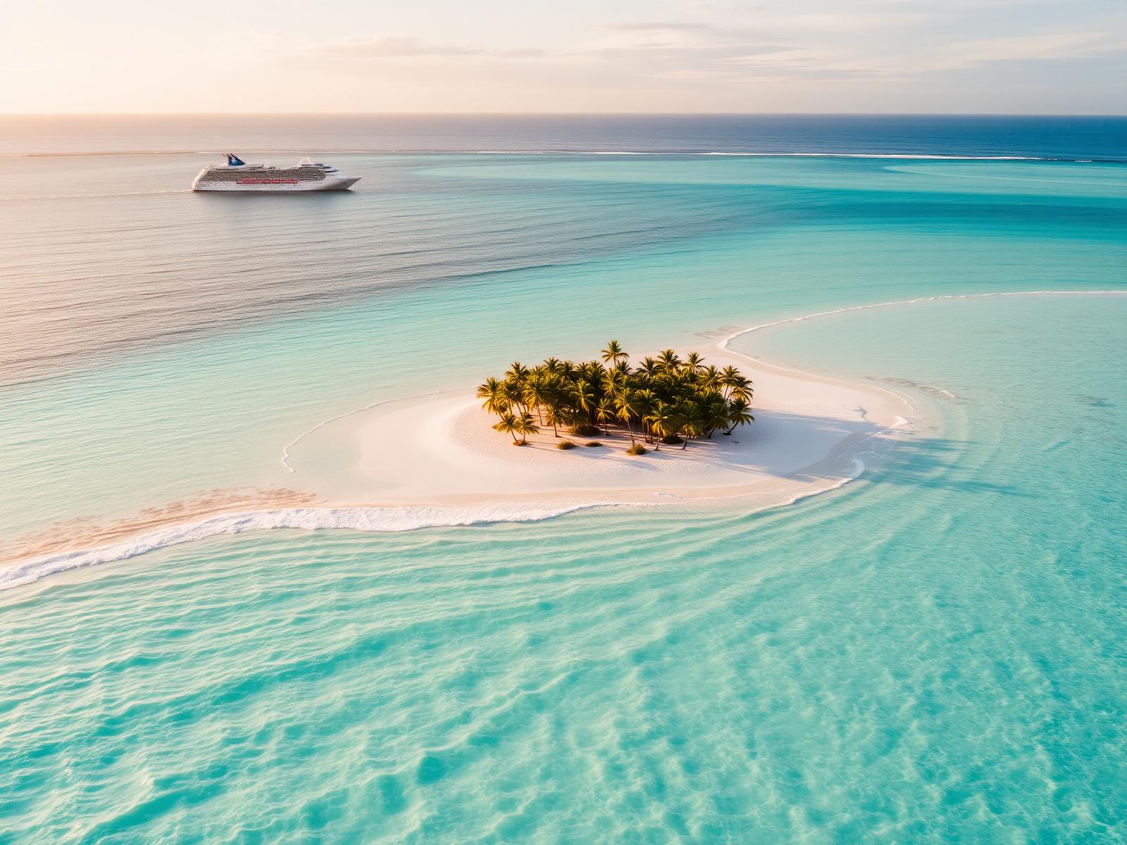 Turquoise Bahamian water with a cruise ship on the horizon